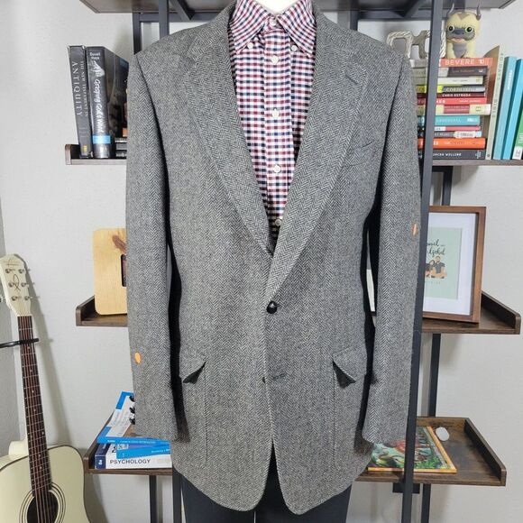 VTG Cricketeer Famous‎ Barr Men's Tweed Sport Coat Herringbone Gray Wool 44L